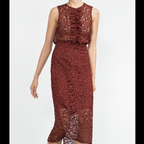 Zara Lace Eyelet Rust Midi Pencil Skirt size small - Picture 2 of 13